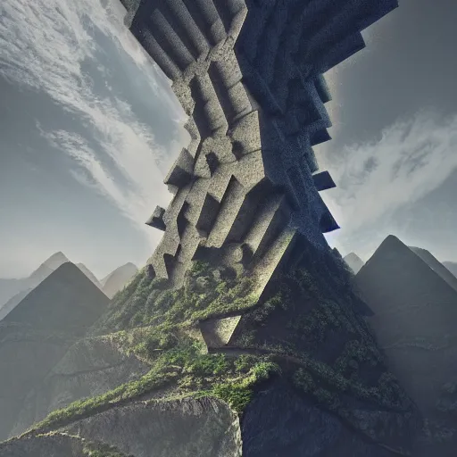 Image similar to a strange angular monolithic building structure by escher and mandelbrot, ricardo bofill, impossible geometry. utopian landscape. magical realism, surrealism, waterfalls, trending on artstation, cinematic composition,