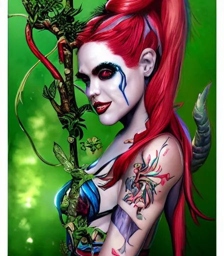 Image similar to hyper detailed comic illustration of a Elfpunk Harley Quinn and Poison Ivy ,tall, fair skin, curvaceous, gorgeous face, by artgerm, intricate details, low angle fish eye lens