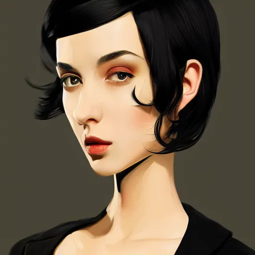 Image similar to slim girl in tuxedo with short black hair, elegant, 2d, ultra highly detailed, digital painting, smooth, sharp focus, artstation, portrait art by Ilya Kuvshinov