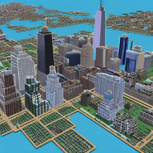 Image similar to detailed build of new york city skyline built in minecraft, isometric view