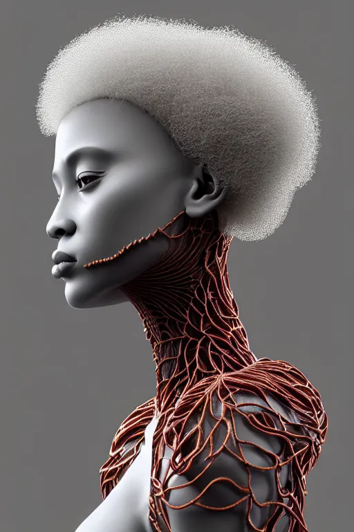 Prompt: complex 3d render ultra detailed of a beautiful porcelain profile afro woman face, biomechanical cyborg, analog, 150 mm lens, beautiful natural soft rim light, big leaves and stems, roots, fine foliage lace, Alexander Mcqueen high fashion haute couture, earring, art nouveau fashion embroidered, steampunk, intricate details, silver white red details, mesh wire, mandelbrot fractal, anatomical, facial muscles, cable wires, microchip, elegant, hyper realistic, ultra detailed, octane render, H.R. Giger style, volumetric lighting, 8k post-production