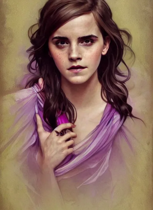 Image similar to emma watson wearing revealing pink and purple chiffon dress with flounces. beautiful detailed face. by artgerm and greg rutkowski and alphonse mucha