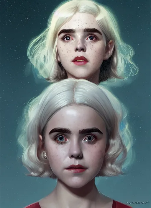 Image similar to portrait of kiernan shipka with freckles, white hair, 1 9 6 0 s bob hairstyle with bangs and hairband, intricate, elegant, glowing lights, highly detailed, digital painting, artstation, concept art, smooth, sharp focus, illustration, art by wlop, mars ravelo and greg rutkowski