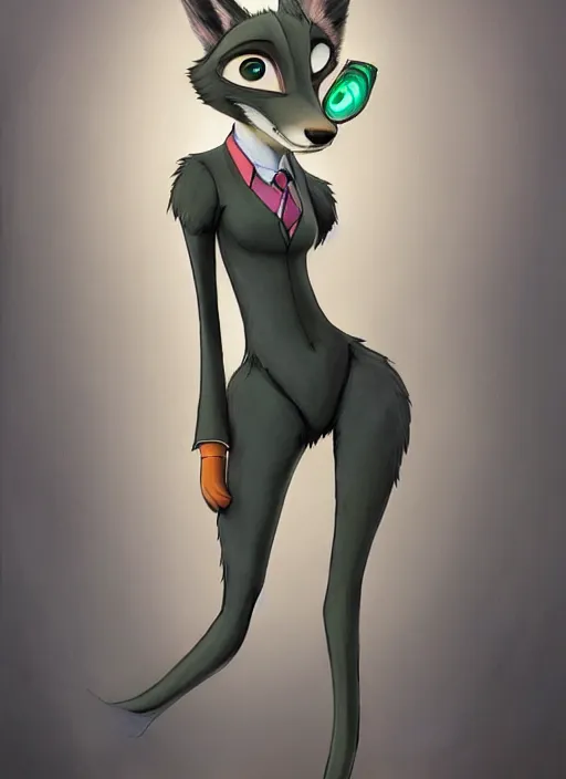 Image similar to oil painting of detailed full body of anthromorphic female wolf, in style of zootopia, zootopia, zootopia, fursona, furry, furaffinity, 4 k, deviantart, furry art, fursona art, wearing black business suit, business suit, in style of zootopia, wolf fursona, cyberpunk, female, expressive detailed feminine face,