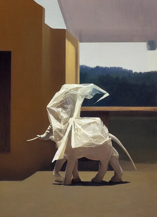 Prompt: elephant in a translucent dress made from plastic bag with paper bags for clothes standing inside paper bags with paper bag over the head at store display Edward Hopper and James Gilleard, Zdzislaw Beksinski, highly detailed