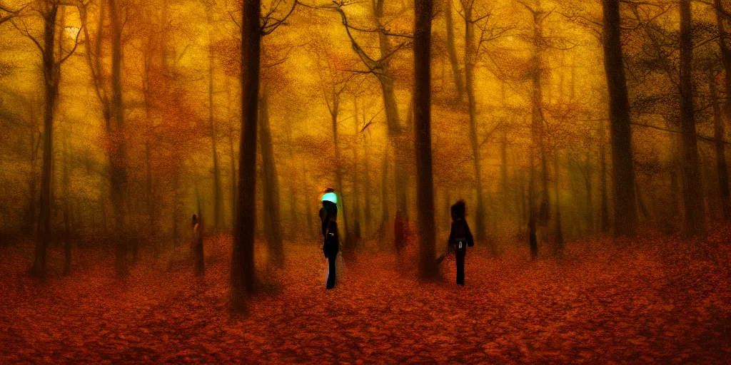 Prompt: a girl in an autumn forest, yellow and red tones, by Aron Wiesenfeld, wolf, cinematic, detailed illustration, nature, fog, dark colors, suspense, intricate, 8k