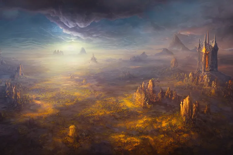 Prompt: fantasy painting, aerial view of an ancient land, sunset and ominous shadows over the kingdom by jessica rossier and brian froud