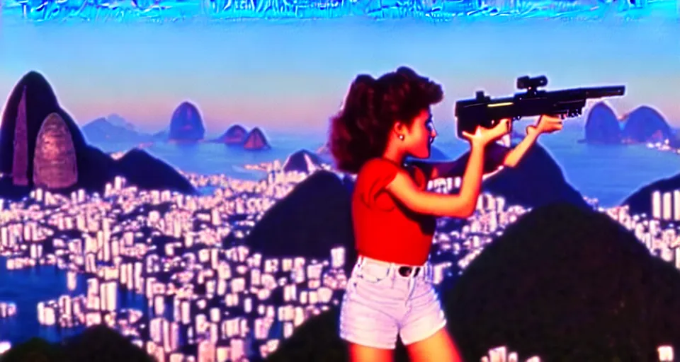 Prompt: 1 9 8 6 movie screencap of a girl with a gun on a rio de janeiro, gucci clothes, sparkles sky, beautiful favela background extremely utra high quality photo 8 k