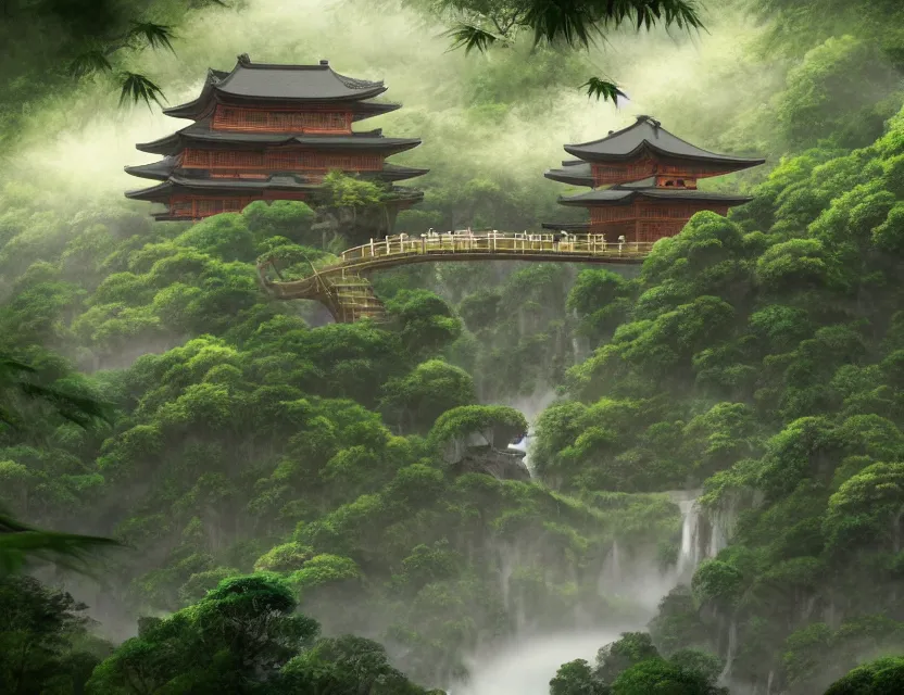 Prompt: a cinematic widescreen photo of many epic ancient japanese temples with a winding path and bridge to hot springs on the top of a mountain in a misty bamboo cloud forest with colossal waterfalls at dawn by studio ghibli and roger dean, terraced, mystical, trending on artstation