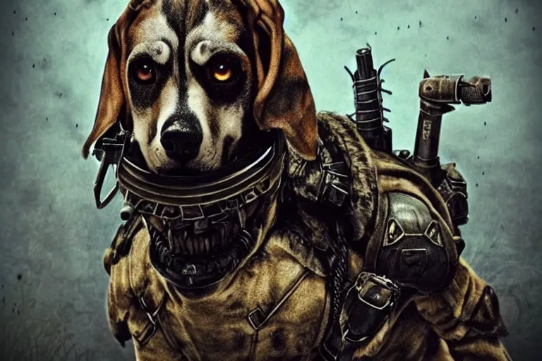 Image similar to a good ol'hound dog fursona ( from the furry fandom ), heavily armed and armored facing down armageddon in a dark and gritty version from the makers of mad max : fury road. witness me.