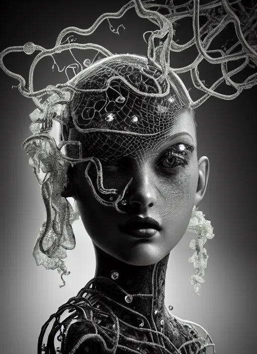 Image similar to surreal mythical dreamy dark artistic black and white fine art photo of a beautiful young female medusa - cyborg covered with translucent algae, highly detailed, intricate crystal ivy jelly fish scales ornate, lace web, poetic, octane render, 8 k, photo - realistic, by man ray