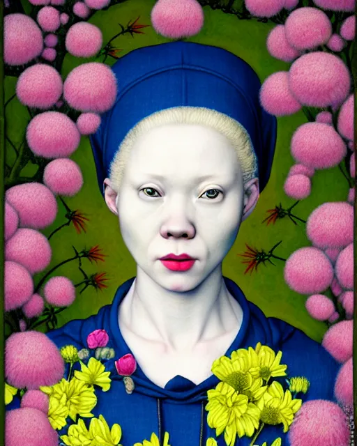 Image similar to portrait of a woman with albinism, wearing a neon blue hoodie, standing in a botanical garden full of flowers, intricate details, high detail, in the style of rogier van der weyden and jacopo da pontormo, by mark ryden, punk, asian art,