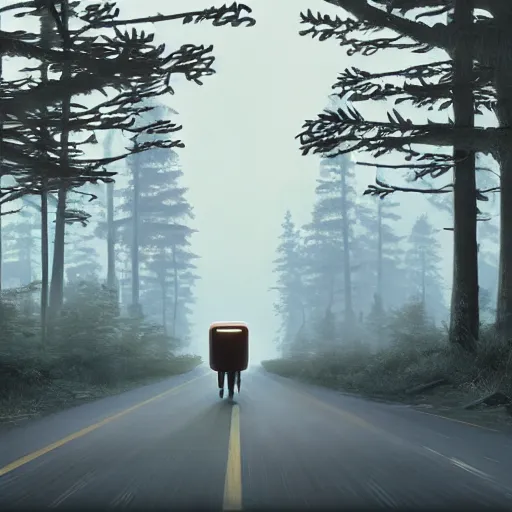 Image similar to Beautiful cinematic scene of a robot walking alongside an empty road surrounded by trees, at night, soft lighting, peaceful, science fiction, award-winning, cinematic lighting, insanely detailed, very realistic, Artstation, Cgsociety, by Simon Stalenhag, directed by Denis Villeneuve, filmic