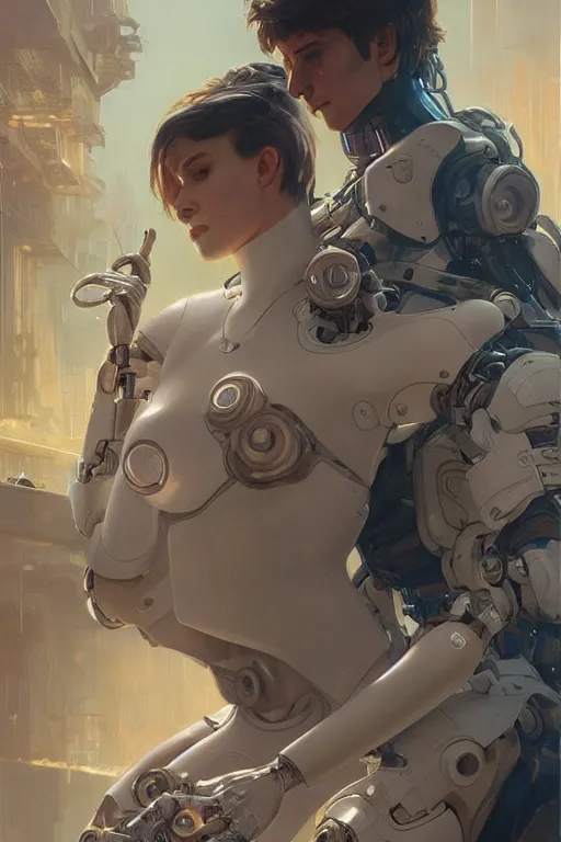 Prompt: Ultra realistic illustration,a robot and a woman are boyfriends, cyberpunk, sci-fi, fantasy, intricate, elegant, highly detailed, digital painting, artstation, concept art, smooth, sharp focus, illustration, art by artgerm and greg rutkowski and alphonse mucha