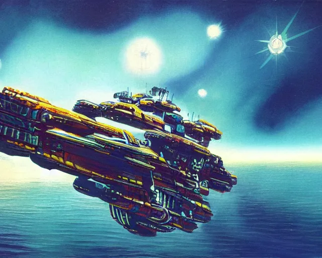 Image similar to concept art of a beautiful highly detailed spaceship by Chris Foss, trending on Artstation, 8k, dazzle camouflage!