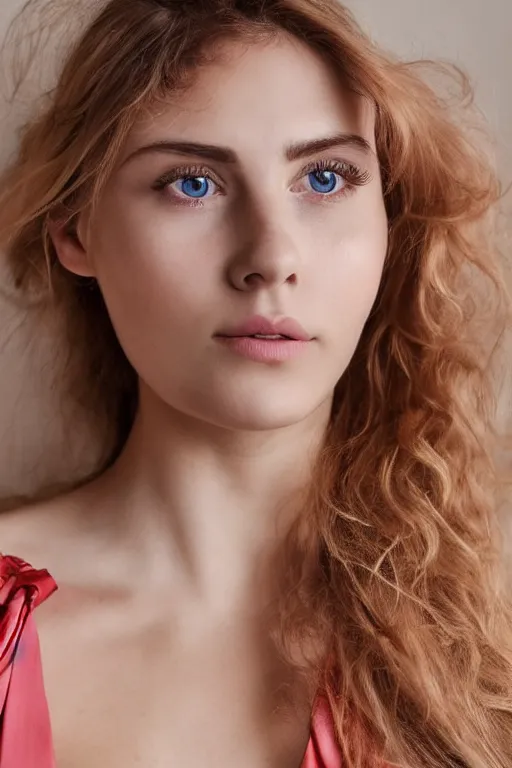 Prompt: olive skinned strawberry - blonde female model in her twenties, wearing a v - neck satin blouse, looking content, focused on her neck, photo realistic, extreme detail skin, natural beauty, no filter, slr, golden hour, 4 k, high definition, selfie