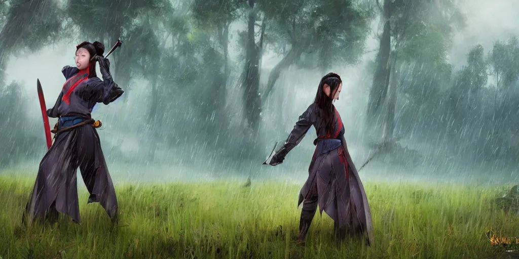 Image similar to An epic fantasy comic book style landscape painting of a young beautiful chinese girl holding a katana in a field of raining forest surrounded by bambok, unreal 5, DAZ, hyperrealistic, octane render, cosplay, dynamic lighting