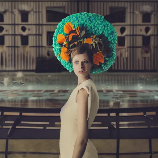 Image similar to giant flower head, frontal, girl standing in mid century hotel, surreal, symmetry, bright colors, cinematic, wes anderson