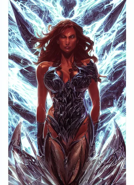 Image similar to a whole body portrait of Witchblade surrounded by magic lightnings overlays, as illustrated in Top Cow Comics, D&D style, sharp focus, by Greg Rutkowski and Dan Mumford.