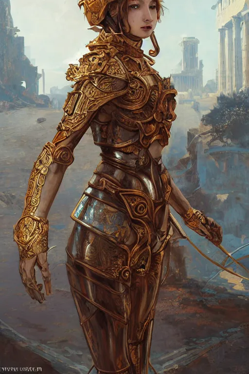 Image similar to portrait knights of Zodiac girl, golden and copper reflected armor, in ruined Agora of Athens, ssci-fi, fantasy, intricate, very very beautiful, elegant, highly detailed, digital painting, artstation, concept art, smooth, sharp focus, illustration, art by WLOP and tian zi and alphonse mucha