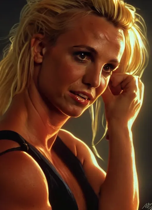 Image similar to A film still of Britney Spears as John Mcclane in die hard, highly detailed, digital painting, artstation, concept art, sharp focus, illustration, cinematic lighting, art by artgerm and greg rutkowski and alphonse mucha diffuse lighting, fantasy, intricate, elegant, highly detailed, lifelike, photorealistic, digital painting, artstation, illustration, concept art, smooth, sharp focus, art by John Collier and Albert Aublet and Krenz Cushart and Artem Demura and Alphonse Mucha