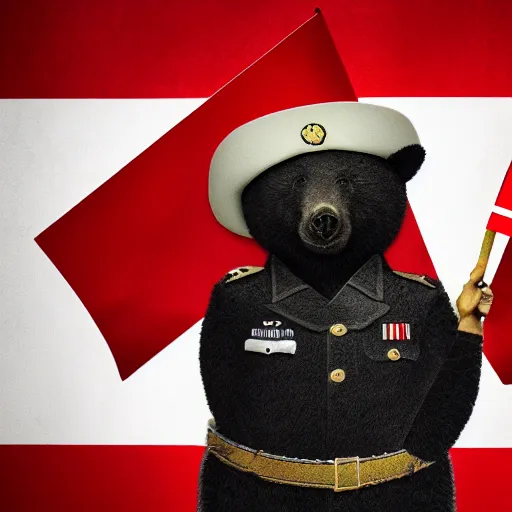 Image similar to a portrait of a socialist bear in a military uniform with a big hat, waving a red flag in Berlin, 4K realistic, hyper detailed, cinematic lighting, wow factor, award winning photo