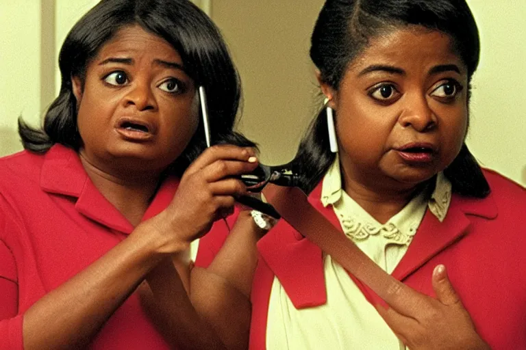 Image similar to screenshot of close up of octavia spencer removes a small hearing device with tweezers from her left ear, iconic scene from the paranoid sci fi thriller film directed by stanley kubrick, apartment set in the near future, cinematic shot with anamorphic lenses, color theory, apartment design, leading lines, photorealistic, volumetric lighting