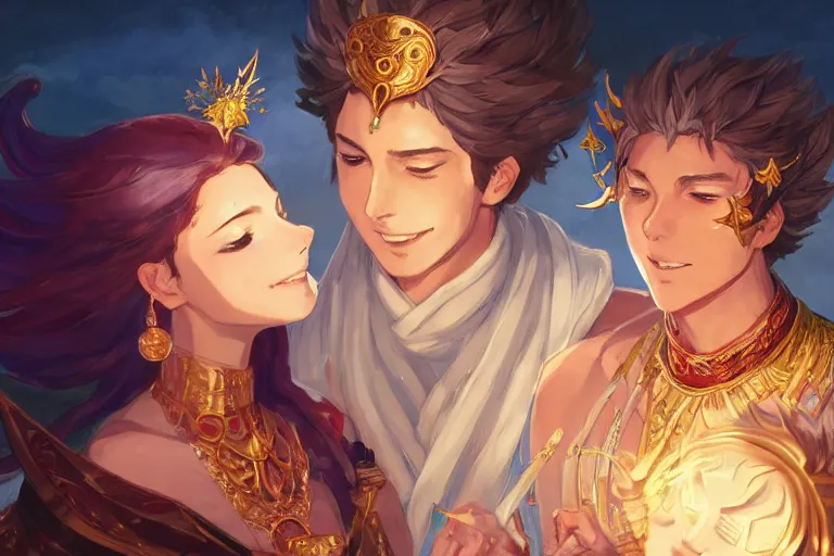 Image similar to close up moment of a divine a sun god and a moon goddess lovers magician at a wedding banquet, highly detailed, d & d, fantasy, 4 k realistic, digital painting, trending on artstation, concept art, sharp focus, illustration, art by makoto shinkai and akihiko yoshida and daniel gerhartz