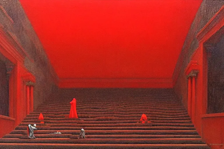 Image similar to only with red, a red melted emperor in an authoritarian position, taormina amphitheatre, crowd hails him, in the style of beksinski, parts by edward hopper, parts by rodcenko, parts by yue minjun, intricate and epic composition, red by caravaggio, insane quality, highly detailed, masterpiece, red light, artstation