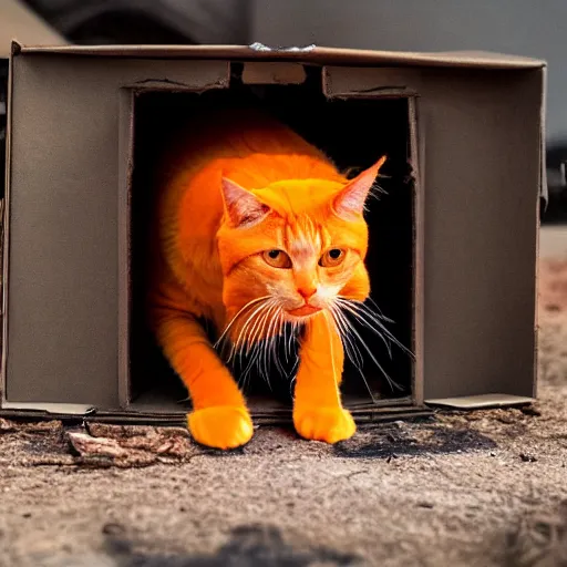 Prompt: an orange cat looking into a box ~ box is on fire ~ fire ~ high - resolution photo ~