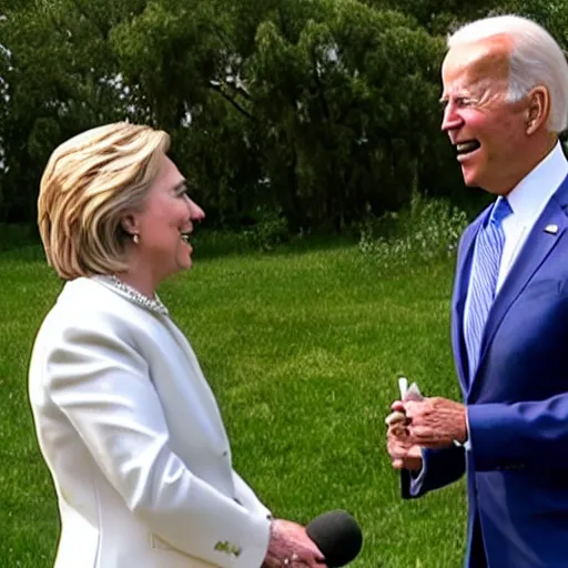 Prompt: up close of joe biden and hillary clinton getting married