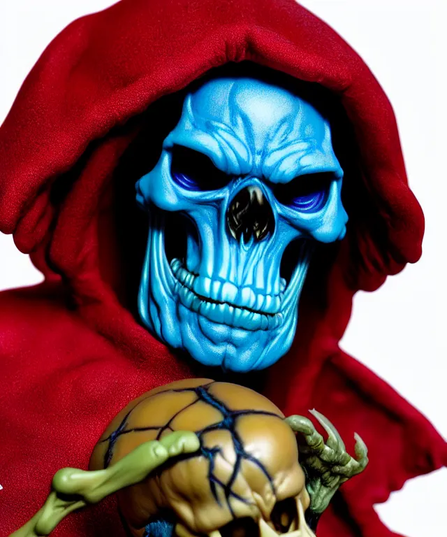 Image similar to hyperrealistic rendering, skeletor, by art of skinner and richard corben and jeff easley, product photography, action figure, sofubi, studio lighting, colored gels