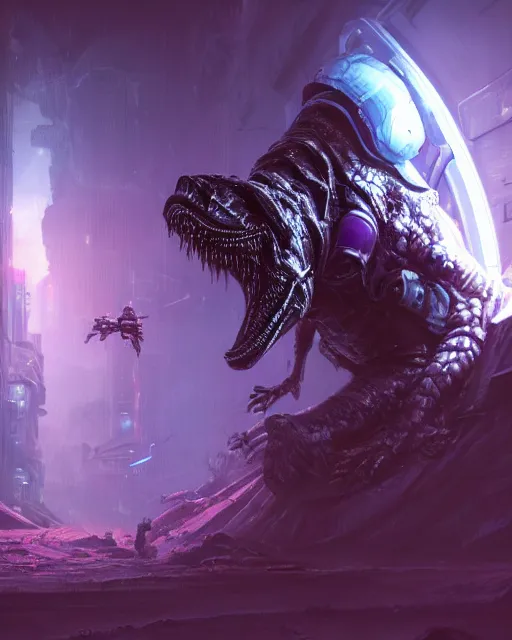 Image similar to Sci-Fi Crocodile alien, armored, big, attcking, shooting, art by Kashin, Wadim, Martinière, Stephan, Anton Fadeev, holding rifle, sharp focus, pitch black cursed evil Spaceship hallway, dark light, soft purple glow, heroic pose, sci-fi artwork, octane render, dead space artwork, cyberpunk, vivid colors, occult, magical, volumetric lighting, 8k high definition, highly detailed, trending on art Station, centered, by Greg Rutkovski, sci-fi artwork, arnold render