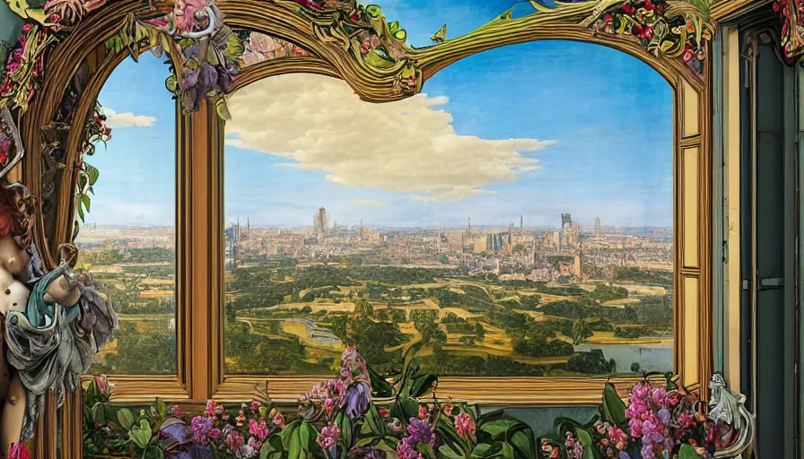 Prompt: a huge standalone hyperrealistic photorealistic hyperdetailed window reflecting a city, seen from the distance. art nouveau rococo in the style of caravaggio and botticelli. unexpected maximalist fabric elements hd 8 x matte background in vibrant vivid pastel colour textures