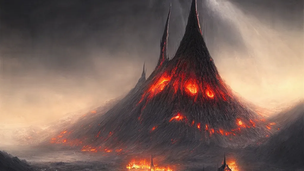 Image similar to mordor, flaming eye of sauron above the tower of barad - dur, by alan lee, michal karcz, smooth details, lord of the rings, game of thrones, smooth, detailed terrain, oil painting, trending artstation, concept art, fantasy matte painting