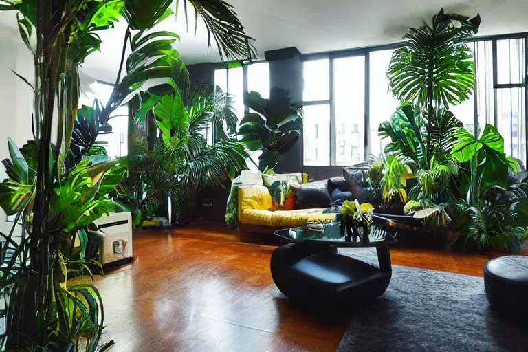 Prompt: tropical interior urban jungle inspiration modern apartment bachelor pad