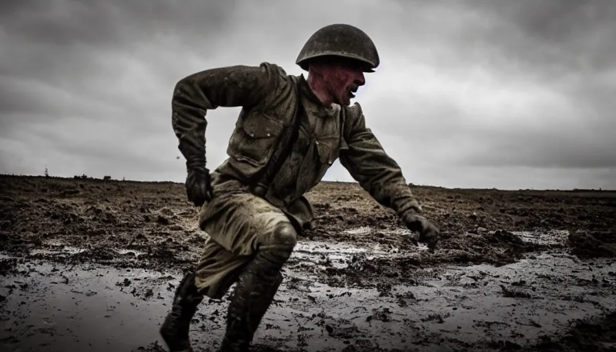 Image similar to screaming World War 1 soldier running away, wartorn landscape, lots of mud puddles and craters, bullet motion blur, dirty lens, cinematic lighting, IMAX close-up of face, cinematography, 35mm