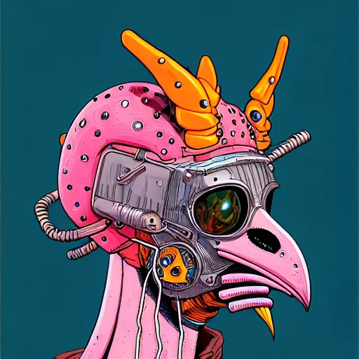 Image similar to portrait painting of a punk chicken - headed cyborg, sharp focus, award - winning, trending on artstation, masterpiece, highly detailed, intricate. art by josan gonzales and moebius and deathburger