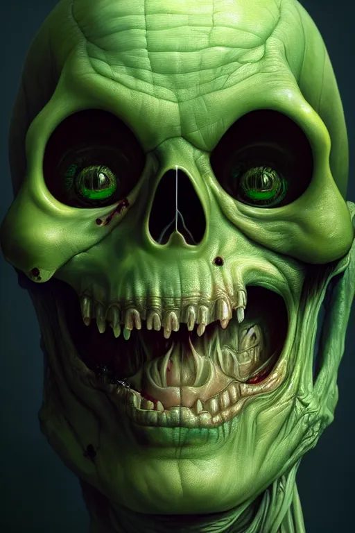 Image similar to a beautiful oil painting hyperrealism of a happy smiling zombie head, green bulging eyes, rotten green skin, grey beard, blue veins, skull bones, moody lighting, 8 k resolution, octane render, trending on artstation, by h. r. giger and greg rutkowski