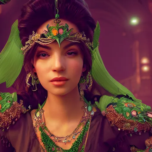 Image similar to photograph of wonderful princess with smooth fair skin, green jewelry, breathtaking, elegant, ornate, intricate, hyper detailed, accent lighting, dramatic light, 4 k octane render