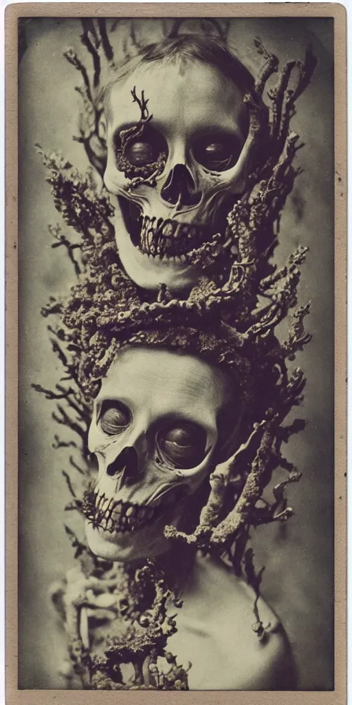 Prompt: an 1 9 1 0 polaroid photography of a very sad and detailed rotten woman corpse with fractal coral reefs and ornate growing around her face muscles, veins, arteries, bones, anatomical, skull, eye, ears, full body, intricate, surreal, ray caesar, john constable, guy denning, dan hillier, black and white