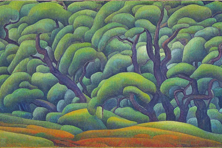 Prompt: masterpiece painting of oak trees on a hillside overlooking a creek, by diego rivera