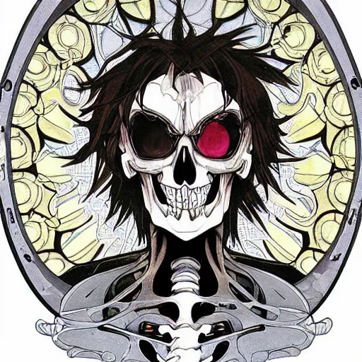 Prompt: anime manga skull portrait boys male cyborg face skeleton illustration style by Alphonse Mucha and Takashi Murakami pop art nouveau