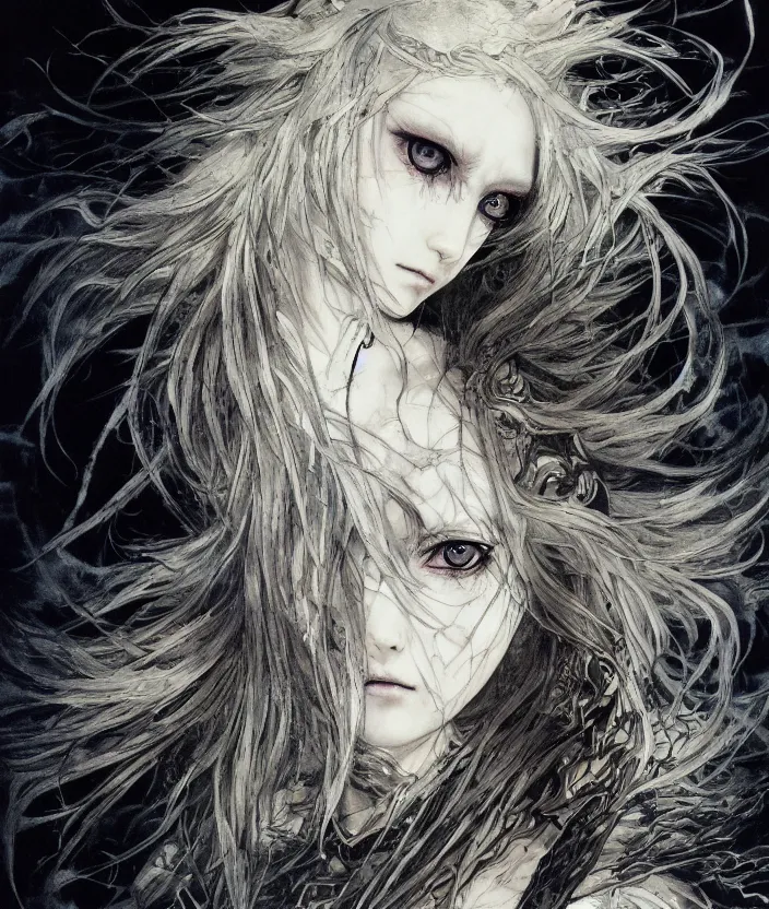 Image similar to Yoshitaka Amano realistic illustration of an anime girl with wavy white hair and cracks on her face wearing dark souls armour with the cape fluttering in the wind, abstract black and white patterns on the background, noisy film grain effect, highly detailed, Renaissance oil painting, weird portrait angle