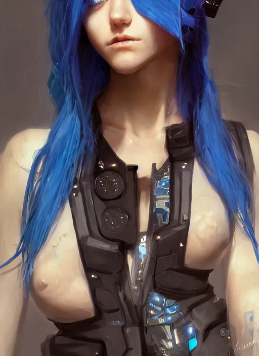 Image similar to beautiful young cyberpunk girl with blue hair, blue eyes, au naturel, hyper detailed, digital art, trending in artstation, cinematic lighting, studio quality, smooth render, fluorescent skin, unreal engine 5 rendered, octane rendered, art style by klimt and nixeu and ian sprigger and wlop and krenz cushart