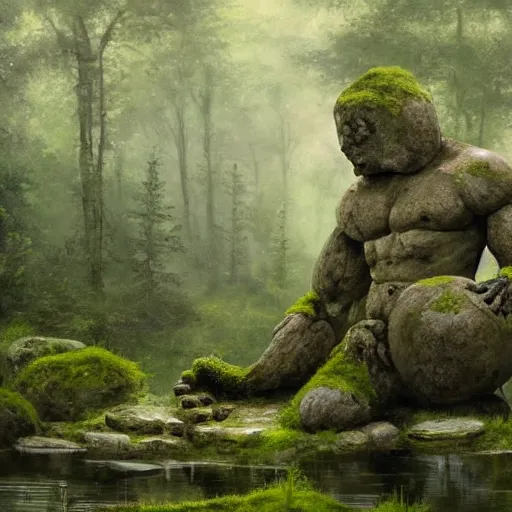 Image similar to ancient stone golem resting beside a pond inside a forest, muscular human statue with moss, oil painting, by Greg Rutkowski