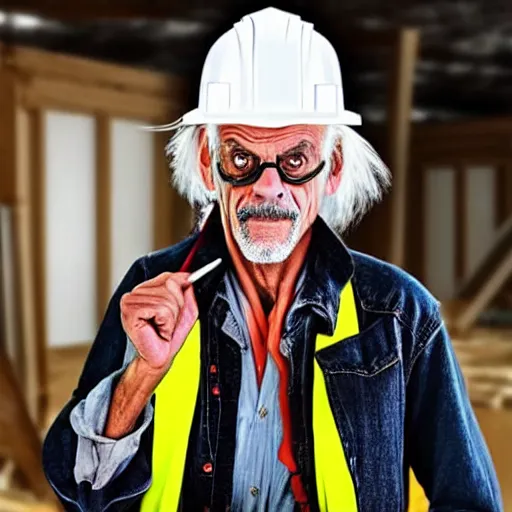 Image similar to a man who looks like christopher lloyd as doc brown back to the future, wearing a construction hat - h 7 6 8