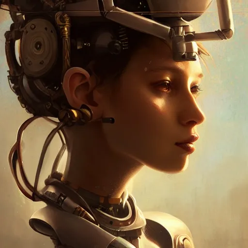 Image similar to portrait of a beautiful cute girl with robot ears by greg rutkowski, 4k, intricate details, coffee background