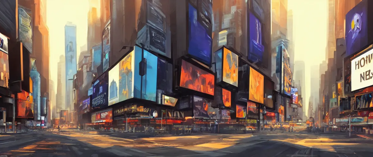 Image similar to huge modern downtown city, billboards, advertisements, Times Square, small buildings, dark, concept art, digital painting, style of Ralph Mcquarrie, warm lighting, futuristic, volumetric lighting, street view, daytime, godrays , high detail