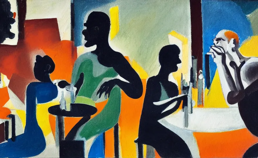 Prompt: oil painting in the style of john craxton. sailors talking in the shadows of jazz club. looking. strong expressions on faces. smoke. holding cigarettes. playing cards. scratch. strong lighting. brush. single flower. in the style of ivon hitchins. cheekbones. seated figure hands on table. line drawing.